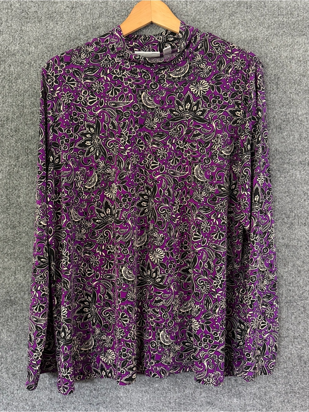 Susan Graver Womens XL Top Liquid Knit Purple Floral Paisley Mock Neck Stretch